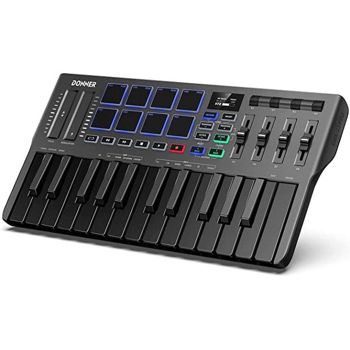 Donner DMK 25 Pro MIDI Keyboard Controller, 25 Key Portable MIDI with 8 Backlit Drum, OLED Screen Display, with 40 Free Courses, Melodics, Black