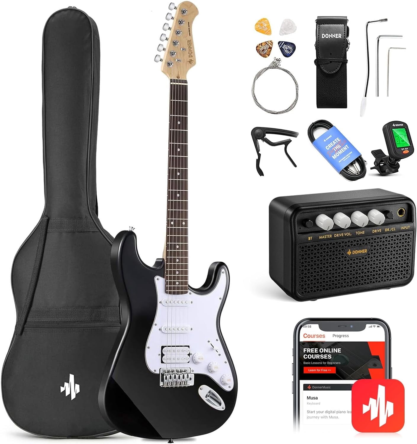 Donner DST-100B 39" Electric Guitar Beginner Kit Solid Body Full Size HSS for Starter, with Amplifier, Bag, Digital Tuner, Capo, Strap, String, Cable, Picks, Black