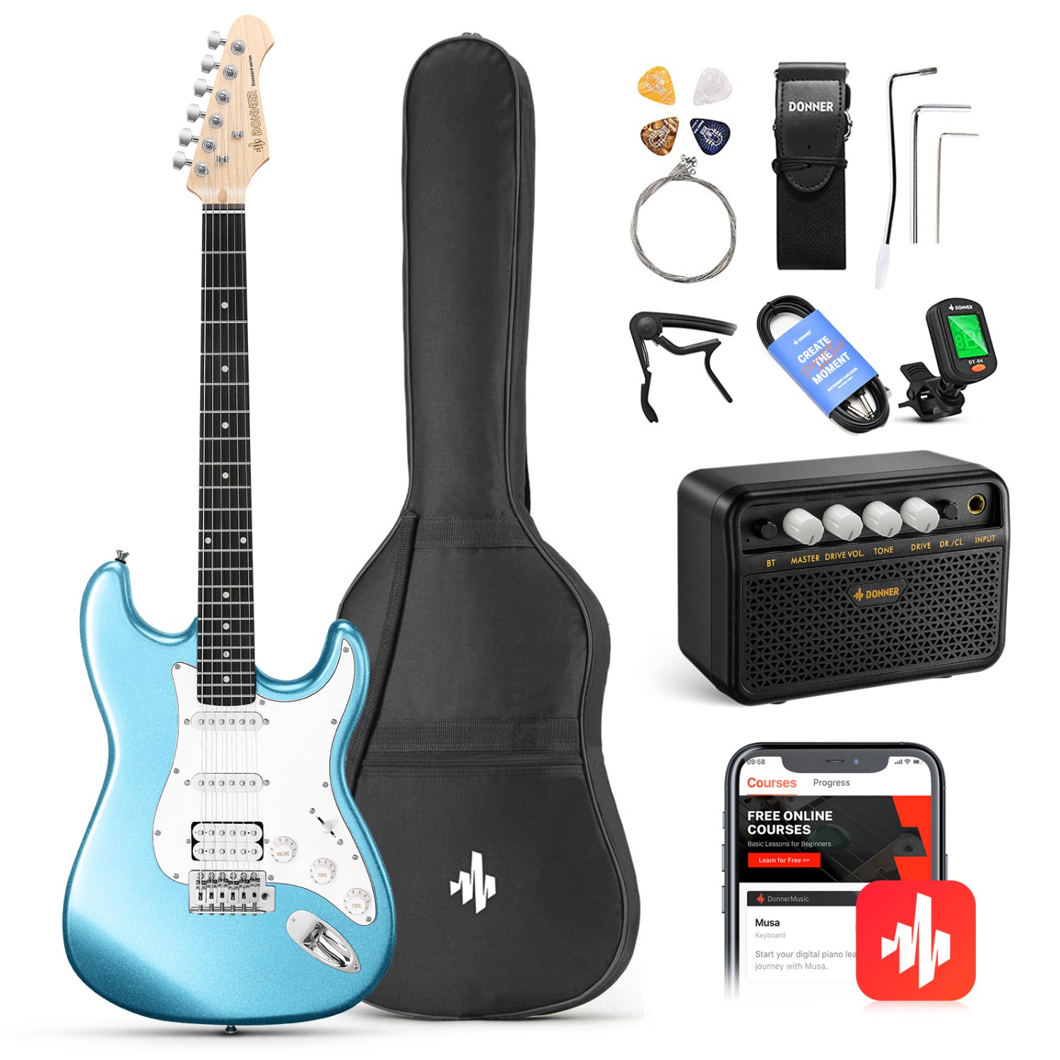 Donner DST-100R Solid Body 39 Inch Full Size Electric Guitar Kit , Beginner Starter, with Amplifier, Bag, Capo, Strap, String, Tuner, Cable, Picks - image 1 of 6