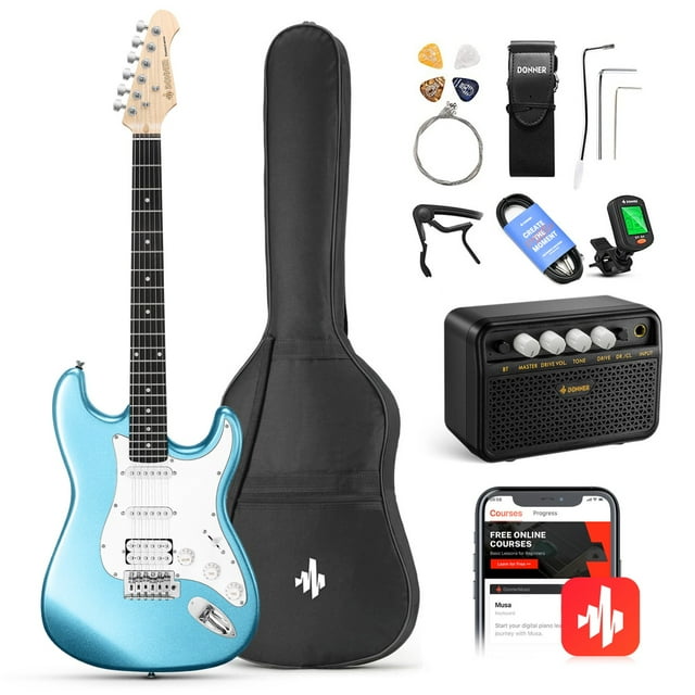 Donner DST-100R Solid Body 39 Inch Full Size Electric Guitar Kit , Beginner Starter, with Amplifier, Bag, Capo, Strap, String, Tuner, Cable, Picks