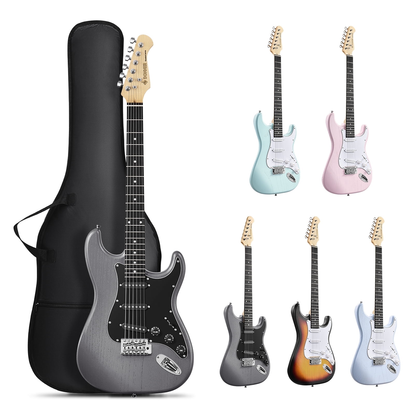 Donner Beginner Electric Guitar Kits With Amplifier Solid Wood S-S-S Pickups Black