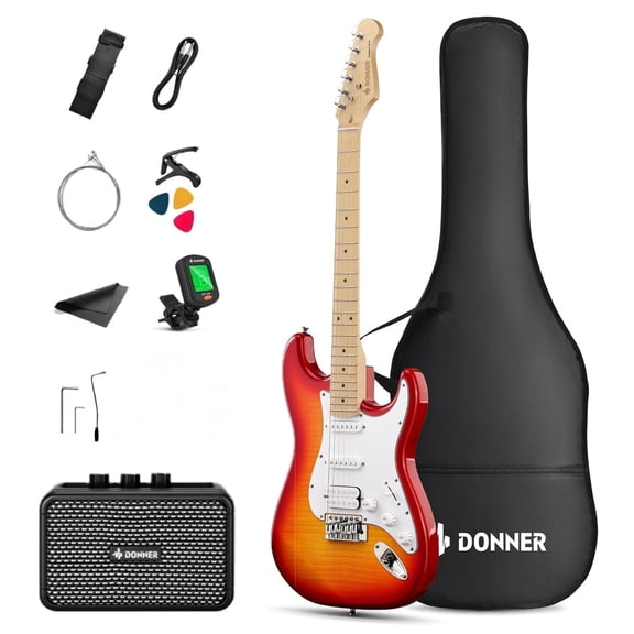 Donner 39in Full Size Beginner Electric Guitar Starter Kit w/Case, Strap, Amp, Strings, Pick, Capo, Tuner, Cable, Gradient Cherry Red