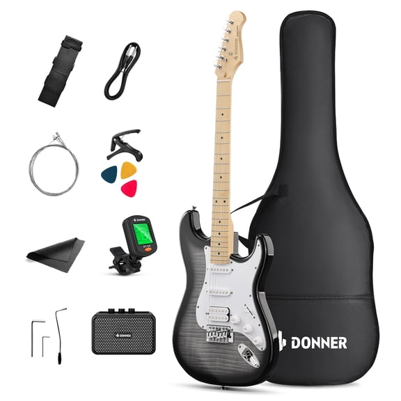 Donner Electric Guitar Kit with amp, Full Size HSS Pick Up for Starter Set, with Amplifier, Bag, Capo, Strap, String, Tuner, Cable, Picks, Black