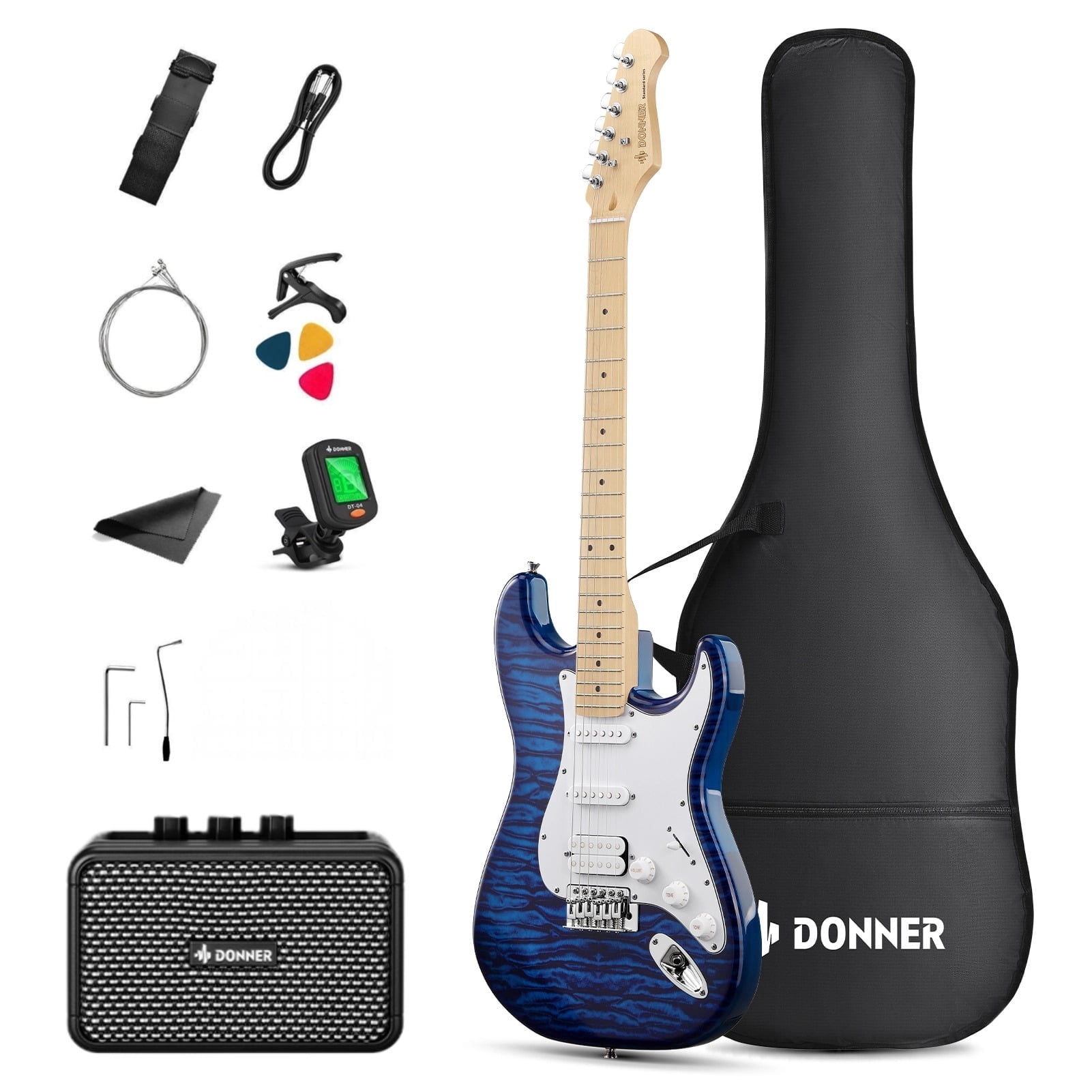 Donner DST-95 Electric Guitar Kit, 39" Beginner Solid Body Starter Set, with Amplifier, Bag, Capo, Strap, String, Tuner, Cable, Picks, Blue