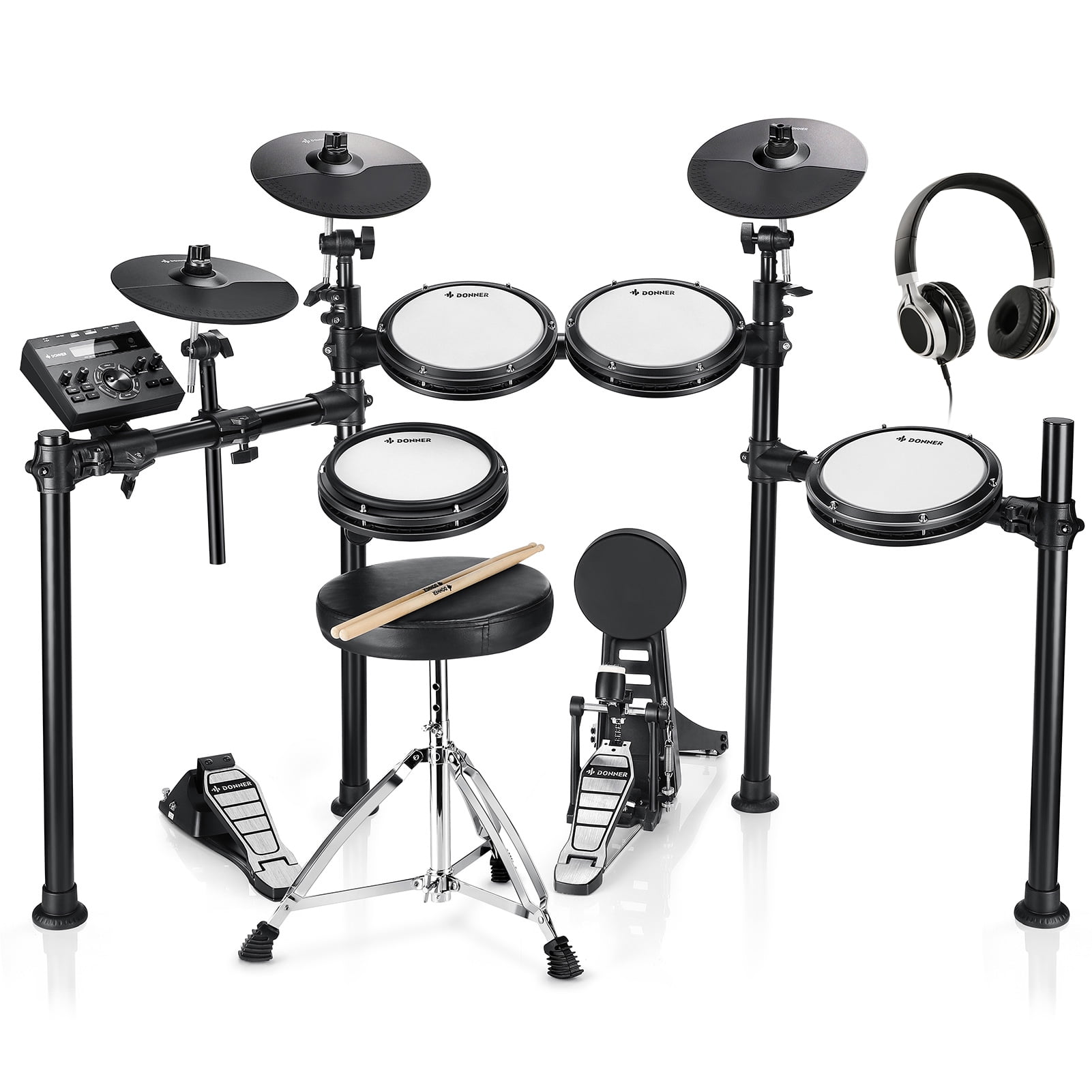 Donner Electric Drum Set with Snare, 4 Mesh Pads, 2 Cymbals, Throne, Headphones, Sticks, USB