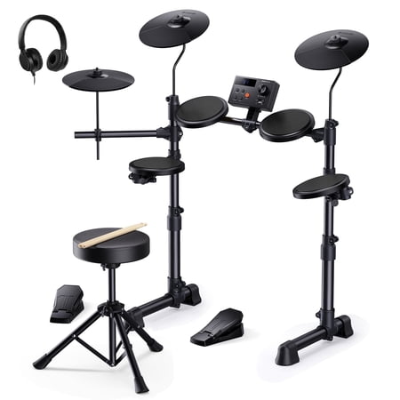 Donner Electric Drum Set for Kids, with 150 Sounds, 15 Drum kits, 10 demo songs, 4 Quiet Silicone Pads, 9" Cymbals, Throne, Headphones, Sticks, Black