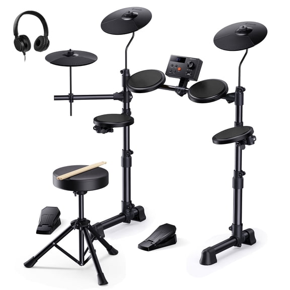 Donner Electric Drum Set for Kids, with 150 Sounds, 15 Drum kits, 10 demo songs, 4 Quiet Silicone Pads, 9" Cymbals, Throne, Headphones, Sticks, Black