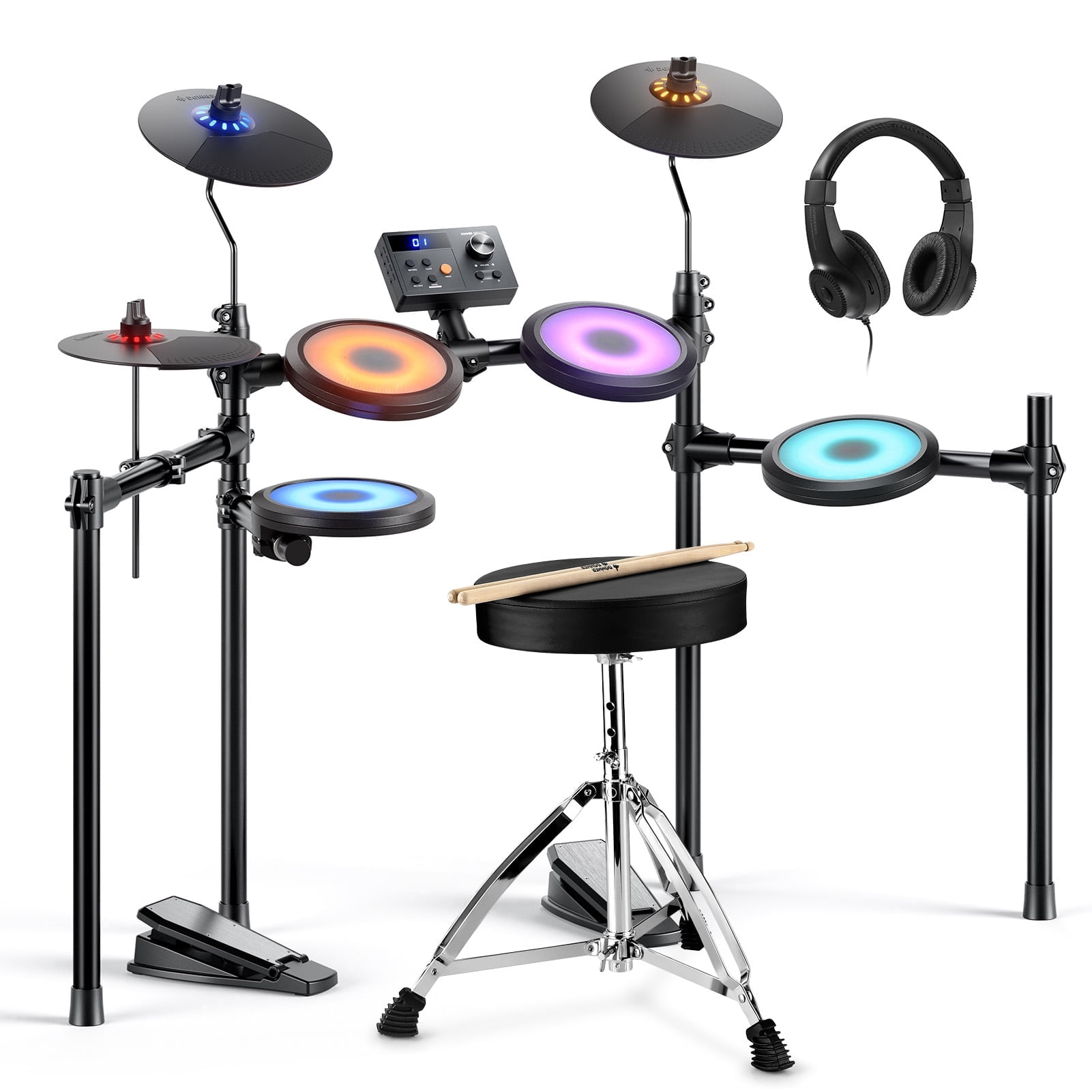 Donner Electric Drum Set with LED Light Up, 150 Sounds, 15 Drum Kits, Type-C Charging, with Throne, Headphones, Sticks, Melodics Lessons