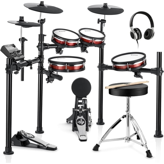 Donner Electric Drum Sets for Adults Updated Mesh Heads, 10'' Snare, 10'' Tom3, 12'' Crash, 450+ Sounds, Red, DED-200 MAX