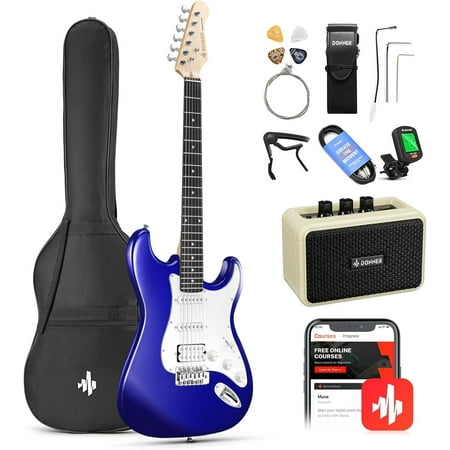 Donner Electric Guitar 11-Pieces 39" Beginner Solid Body with Kits Amplifier, Bag, Digital Tuner, Capo, Strap, String,Cable, Picks, Sapphire Blue