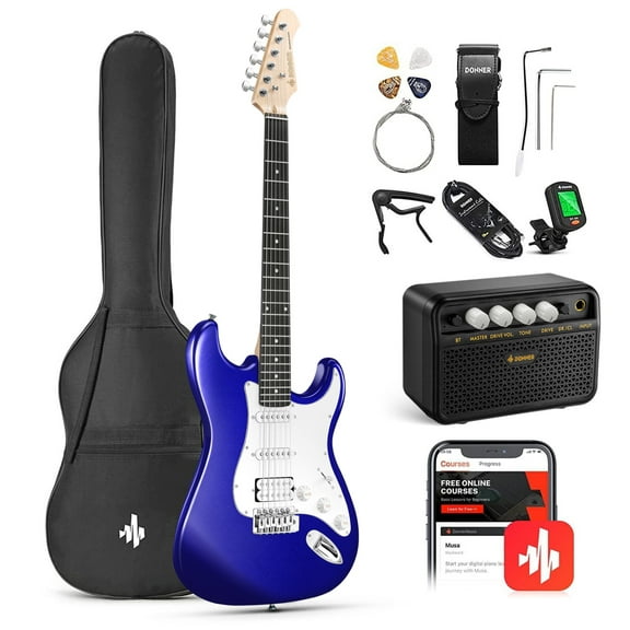 Donner Electric Guitar 11-Pieces 39" Beginner Solid Body with Kits Amplifier, Bag, Digital Tuner, Capo, Strap, String,Cable, Picks, Sapphire Blue