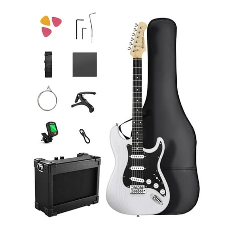 Donner Adults Electric Guitar for Beginner, Solid Wood 39" Full Size DST-80 Starter Kit with Amp, White