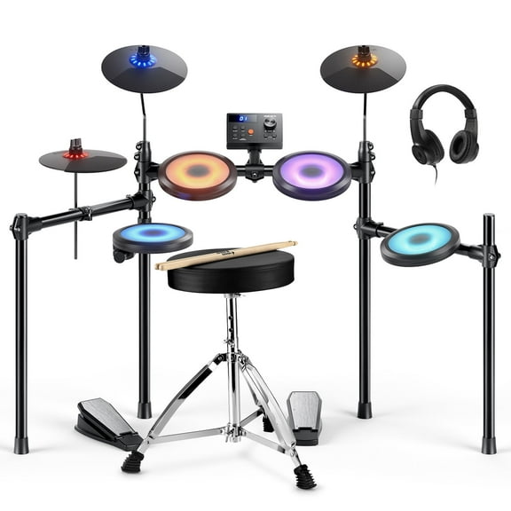 Donner Electric Drum Set with LED Light Up, 150+ Sounds, USB MIDI, Type-C Charging, 4 Quiet Mesh Pad Electronic Dums Kit for Beginner Kids