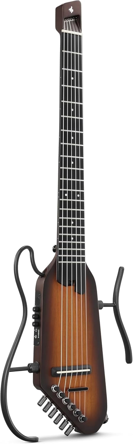 Donner HUSH C Acoustic-Electric Nylon String Classical Guitar– Ultra-Lightweight Travel Guitar with Built-In Tuner, HPS-II Preamp, Headphone Jack & Quick-Release Stand – Sunburst