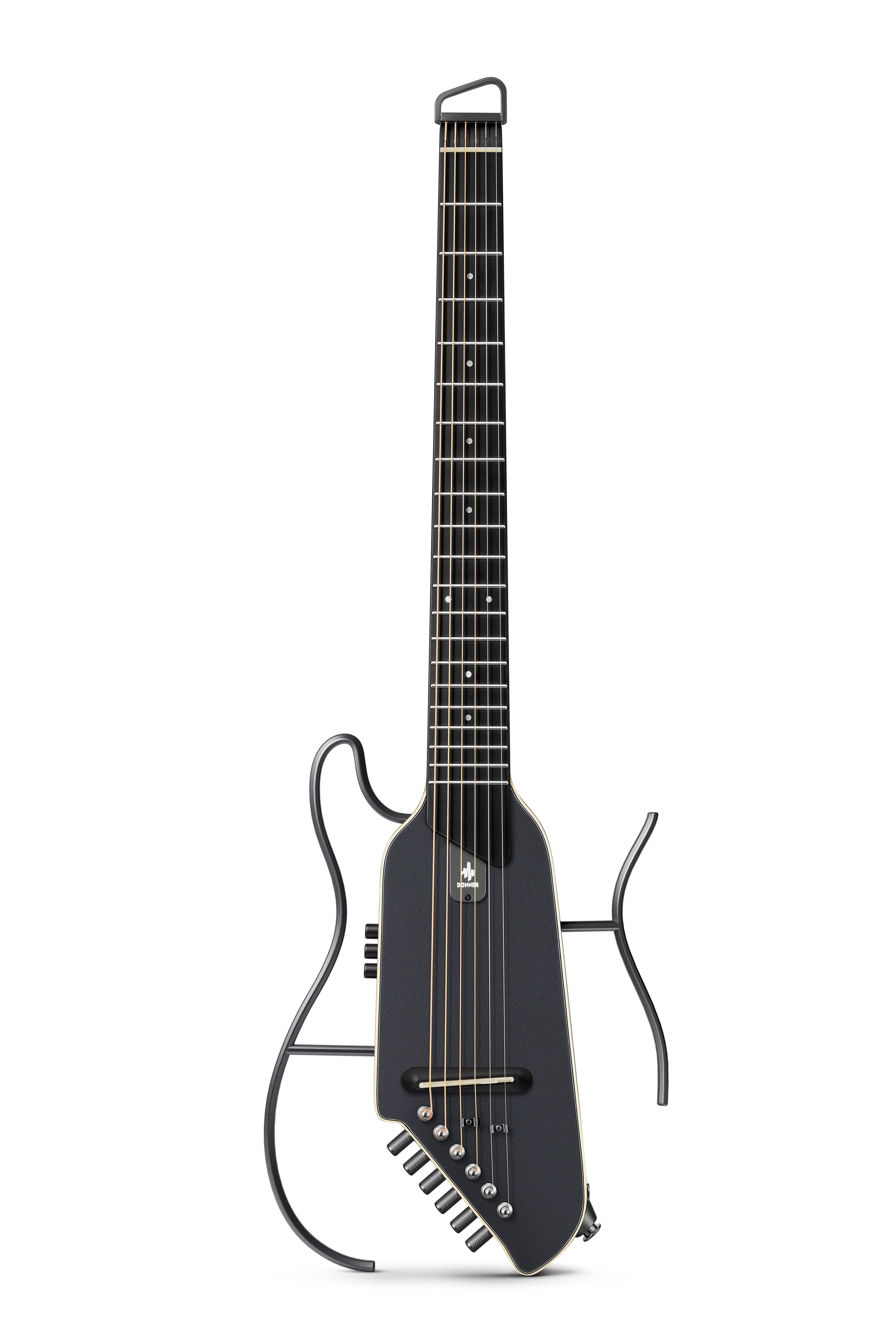Donner HUSH-I EVO2 Acoustic Electric Travel Guitar – Portable Headless Quiet Practice Guitar, Ultra-Light, Mahogany Body with Built-in Tuner, Detachable Stands & Headphone Jack - Black