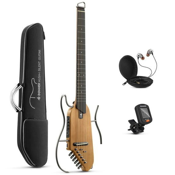 Donner HUSH-I Guitar For Travel - Portable Ultra-Light and Quiet Performance Headless Acoustic-Electric Guitar, Mahogany Body with Removable Frames, Gig Bag, and Accessories