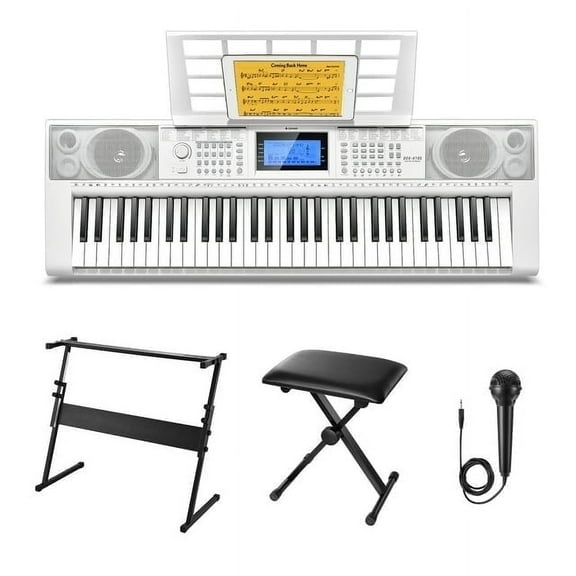 Donner Keyboard Piano 61 Key, Electric Keyboard Kit with 249 Voices - Includes Piano Stand, Stool, Microphone, Gift for Beginners, White (DEK-610S)