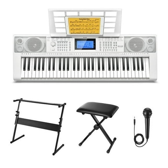 Donner Keyboard Piano 61 Key, Electric Keyboard Kit with 249 Voices - Includes Piano Stand, Stool, Microphone, Gift for Beginners, White (DEK-610S)
