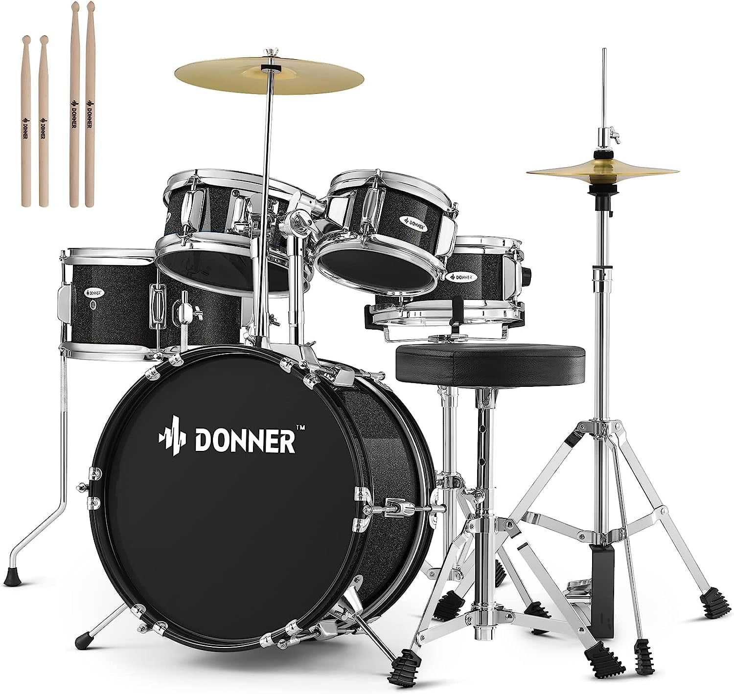 Donner Kids Beginner Junior Size Drum Set, Small 14" 5-Piece Percussion Instrument Kit for Starter, Practice, Learning, Musical Enlightenment Toys, Black