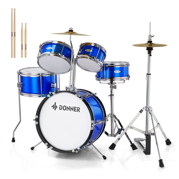 Donner Kids Drum Sets for Beginners,14 inch 5-Piece Junior Drum Kit, with Adjustable Throne, Cymbal, Hi-Hat, Pedal & Drumstick, Mirror Blue