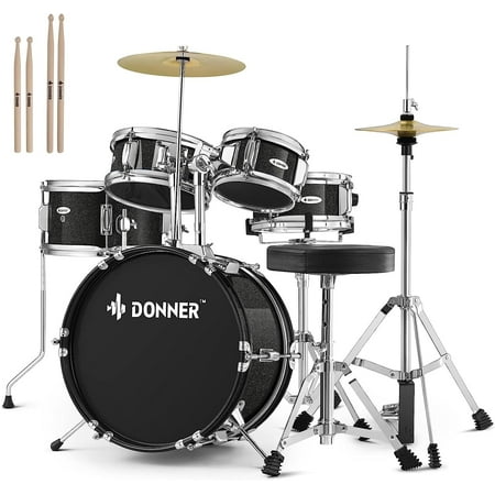 Donner Kids Junior Drum Set for Beginner, 14" 5-Piece Percussion Instrument Practice Learning, Black