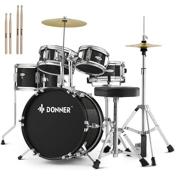 Donner Kids Junior Drum Set for Beginner, 14" 5-Piece Percussion Instrument Practice Learning, Black