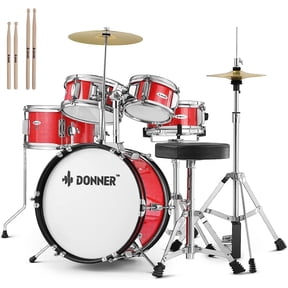Donner Mini Drum Sets for Kids 5-Piece 14 Inch Drums Toys 5 Drum 2 Cymbal, with Drum Sticks Stool, Metallic Red