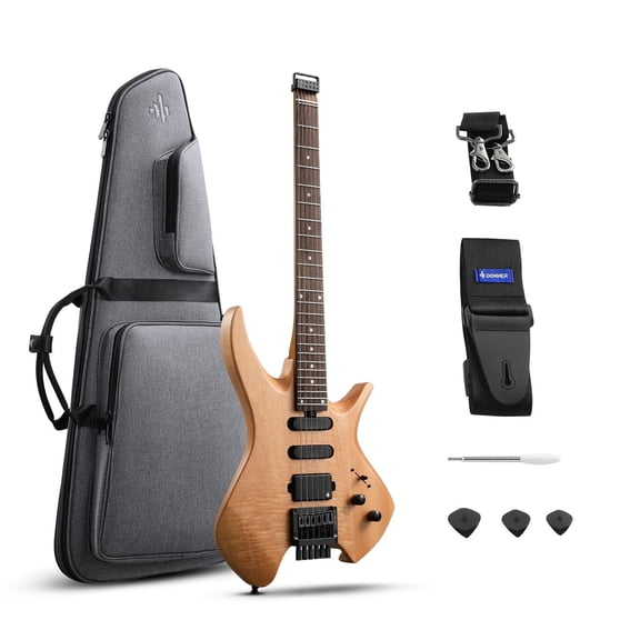 Donner Hush-OG Electric Guitar Headless + Gig Bag H-S-S Solid Body, Natural