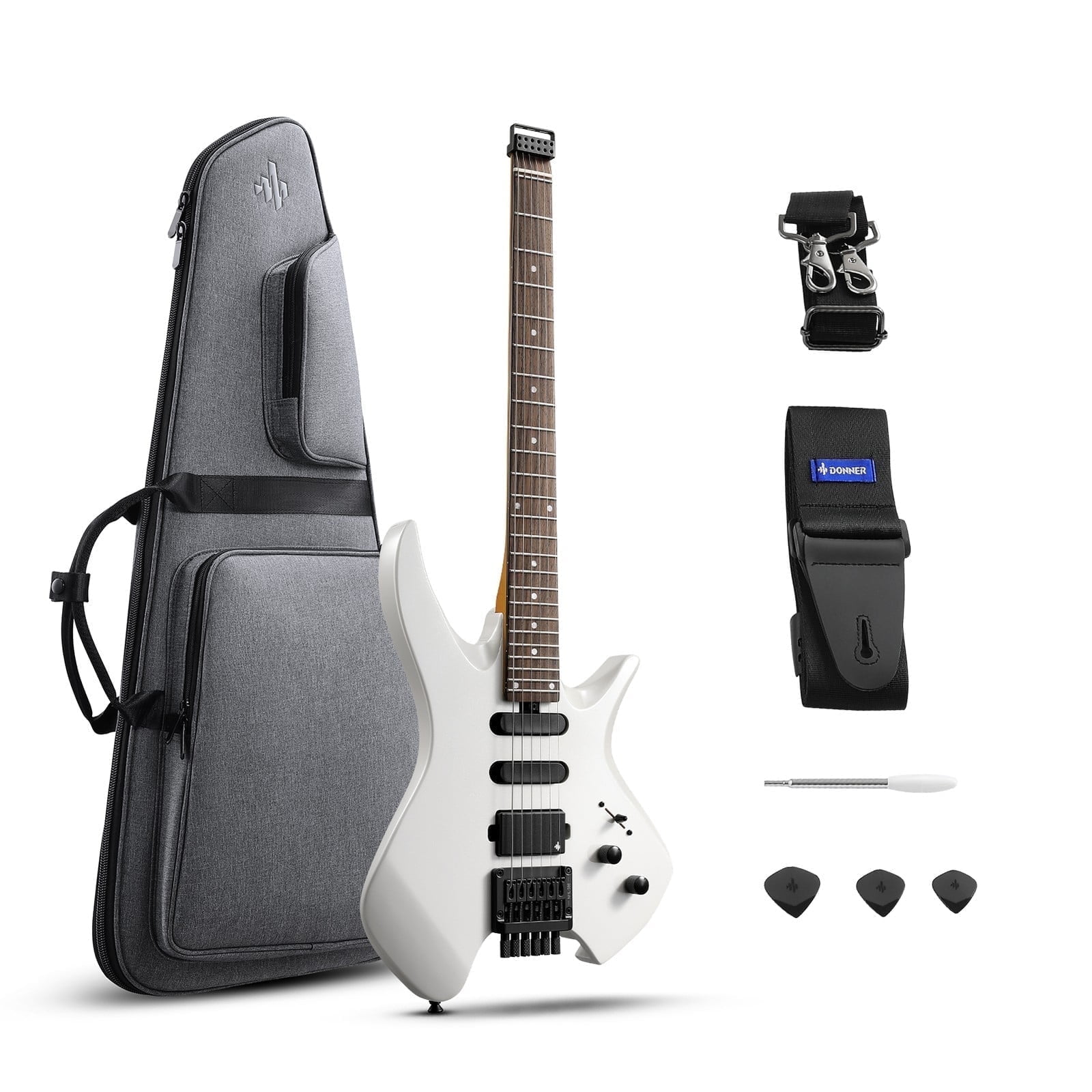 Donner Headless 500 electric guitar Electric Guitar Headless With Gig Bag H-S-S Solid Body, White