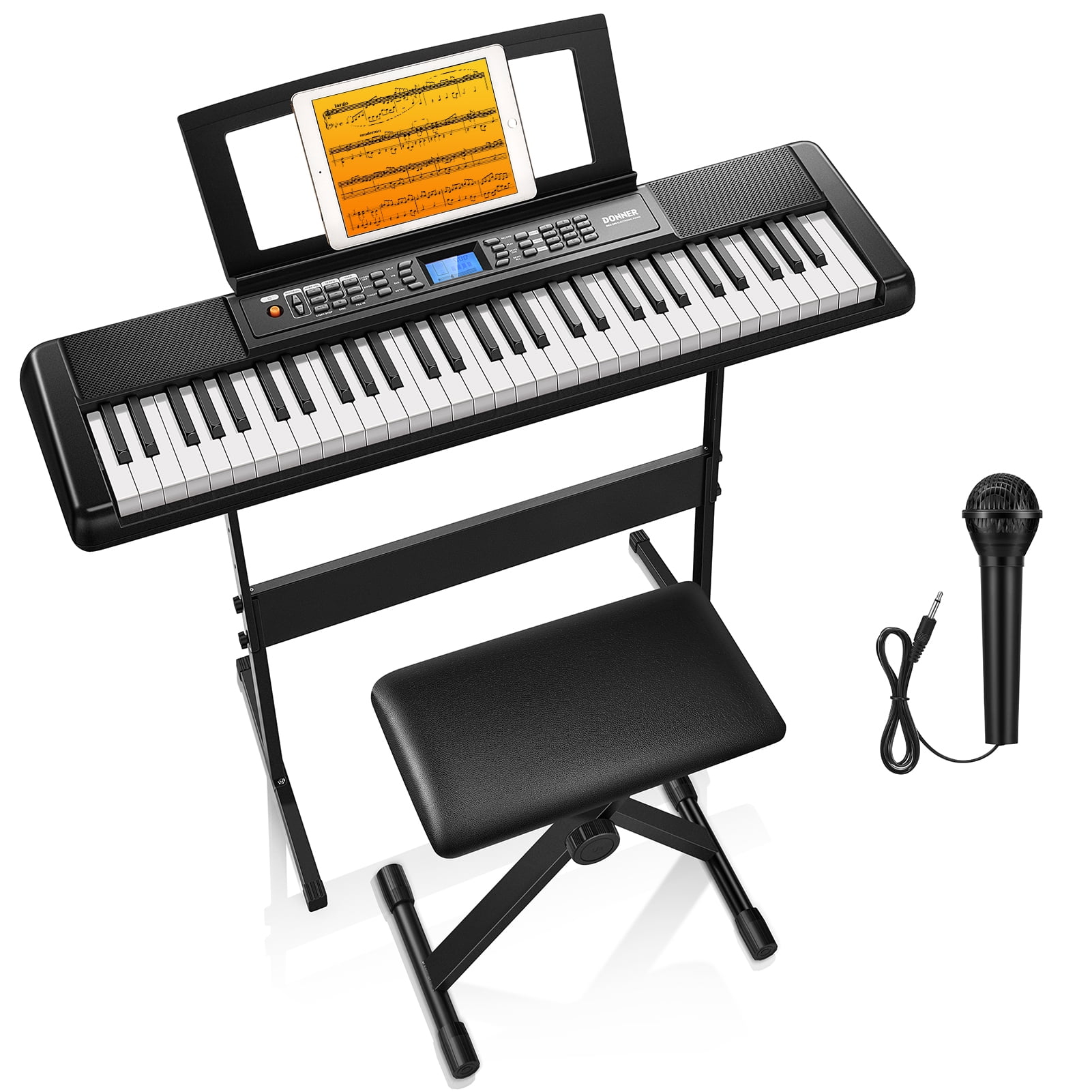 Donner DEK-200 61-Key Piano Full-Size Electronic Keyboard Set, Auto Accompaniment, Metronome,, Includes 300 Tones, with Stand, Bench, Microphone