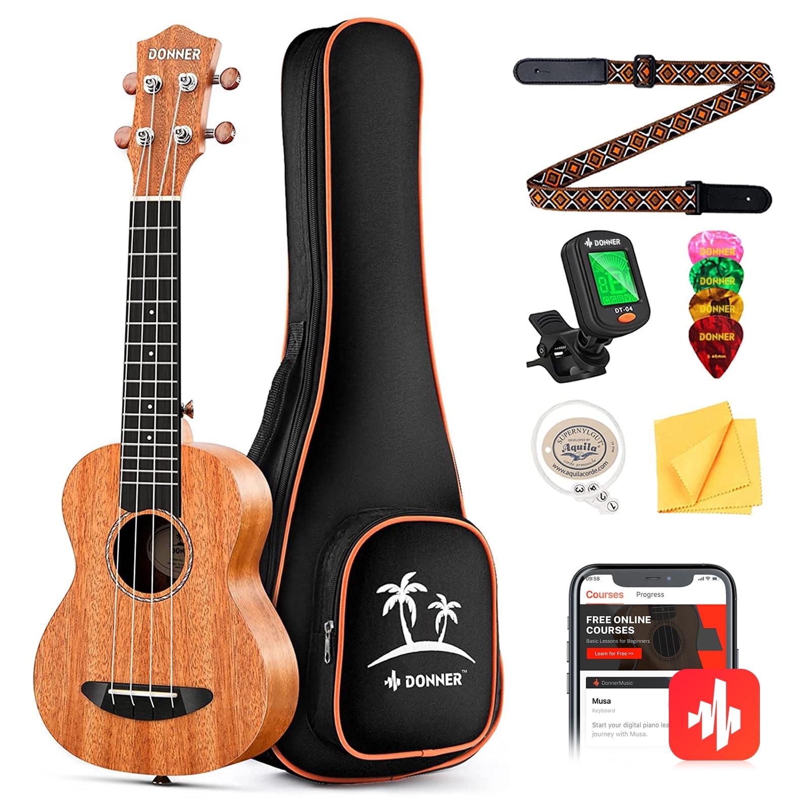 "Donner Pro Concert Ukulele 23"" Starter Bundle with Bag, Strap, Strings, Tuner, Picks, Cloth, Online Lessons, DUC-1"