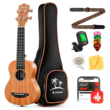 Donner Concert Ukulele for Beginners 23" Starter Bundle Kit with Gig Bag, Strap, Nylon String, Tuner, Picks, Cloth