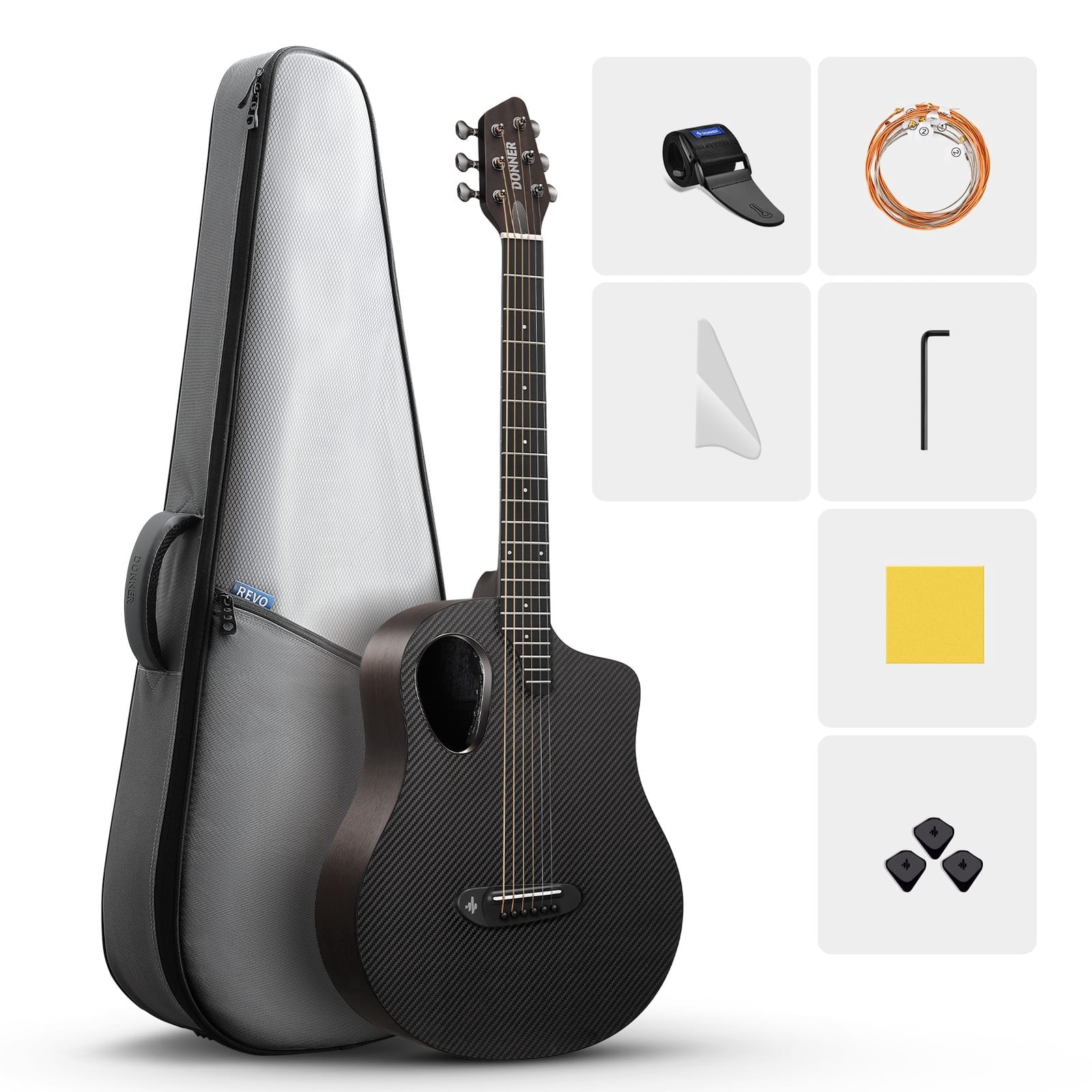 Donner RISING-G2 38" Acoustic Electric Guitar Black Carbon Fiber Beginner Kit