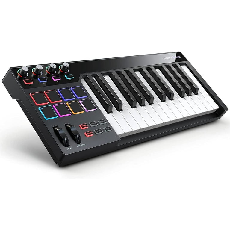 Donner STARRYKEY MIDI Keyboard MIDI Controller Full Size 25 Keys 7 Colors Lighting Effect 8 Velocity Sensitive Backlit Pads with 24 Selectable
