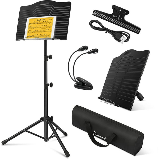 Donner Sheet Music Stand with Light, Portable Metal Tabletop Music Book Stand for Guitar, Ukulele, Violin