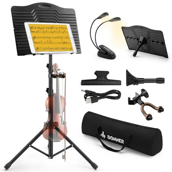 Donner Sheet Music Stand with Detachable Hanger for Guitar, Ukulele, Violin, Portable Metal Music Stand with Light