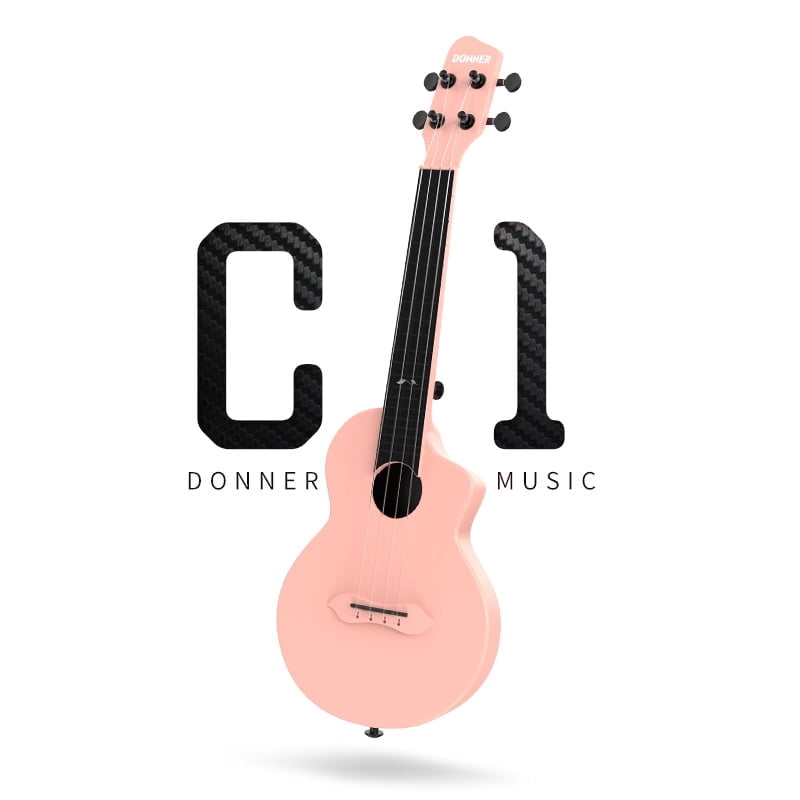 Donner 23’’ Carbon Fiber Travel Ukulele with Beginner Kit with Bag, Pink