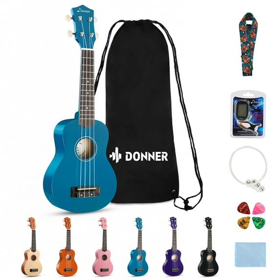 Donner Soprano Ukulele Beginner Kit for Kid Adult Student with Online Lesson 21 Inch Ukelele Bundle Bag Strap String Tuner Pick Polishing Cloth, Rainbow Series-Blue Color DUS-10B