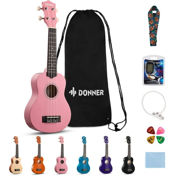Donner Soprano Ukulele Beginner Kit for Kid Adult Student with Online Lesson 21 Inch Ukelele Bundle Bag Strap String Tuner Pick Polishing Cloth, Rainbow Series-Pink Color DUS-10K
