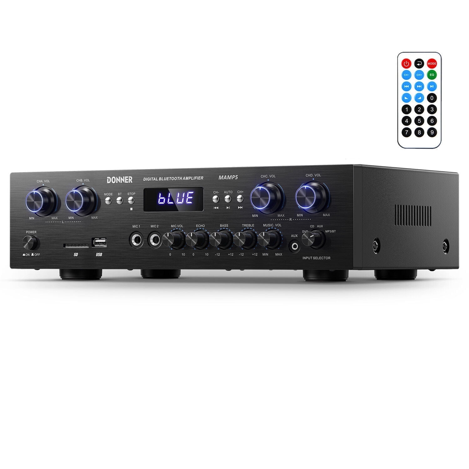 Donner Stereo Receiver 4 Channel 1000W Peak Power Home Theater Amp Amplifier USB SD, for Outdoor Speakers Karaoke