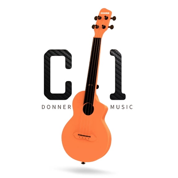 Donner Ukulele for Beginner 23“ Professional Carbon Fiber Travel Ukulele Kit with Bag, Orange