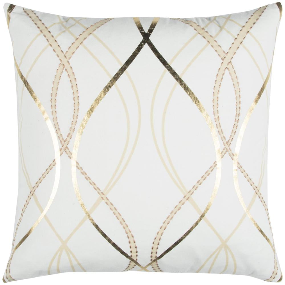Ivory and Gold Embroidered Cotton Square Throw Pillow