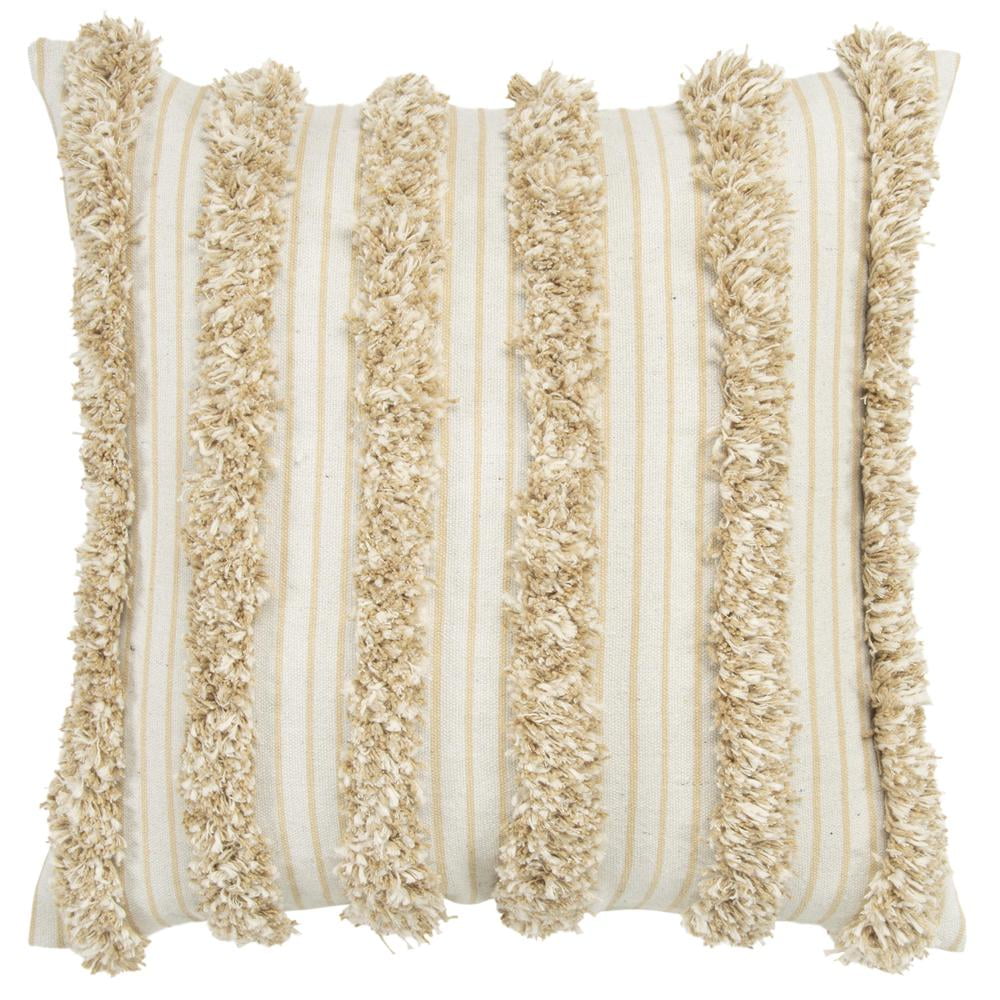 Beige Cotton Canvas Pillow Cover with Embroidered Stripes, 20" x 20"