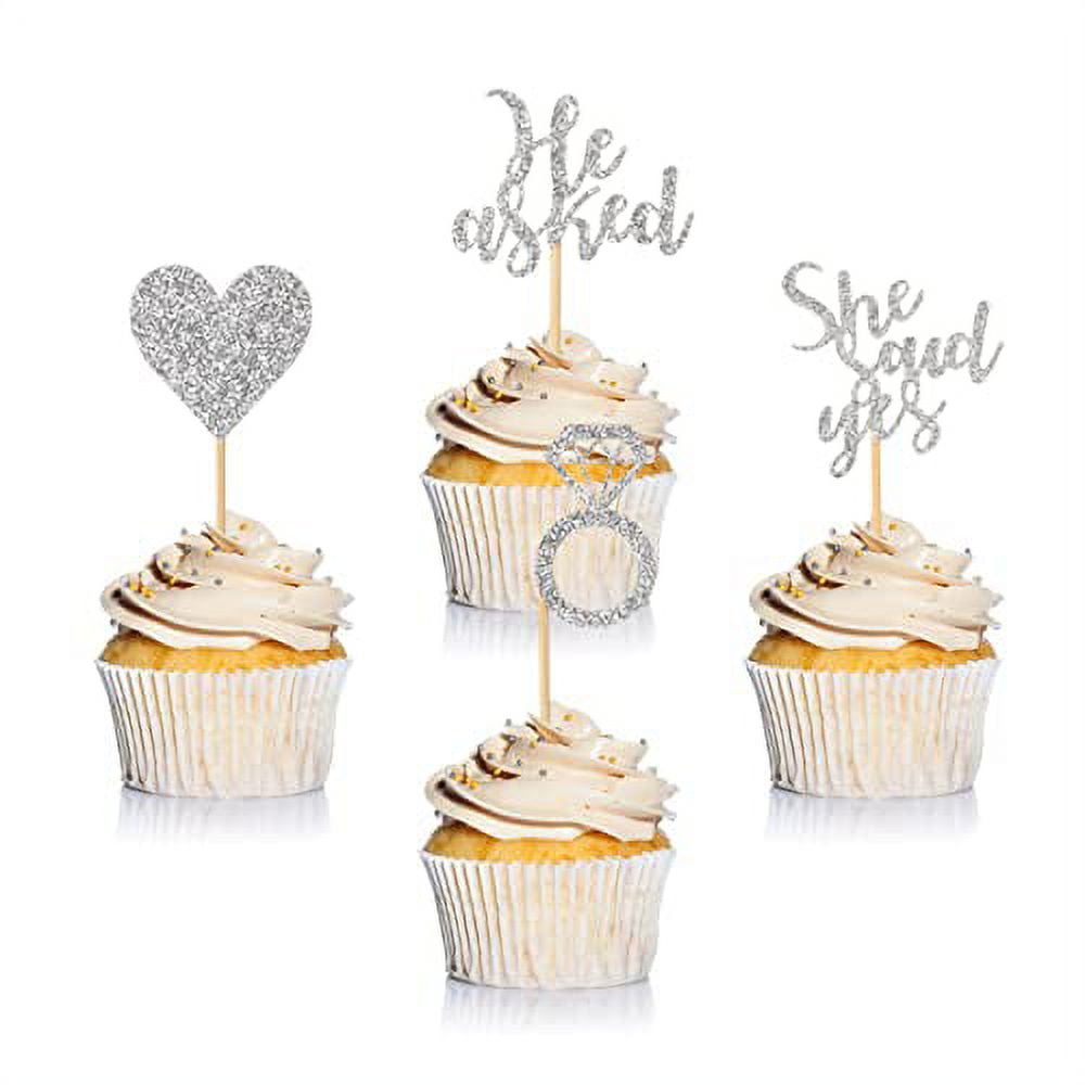 Donoter 24 Pieces Silver Glitter Engagement Cupcake Toppers He Asked