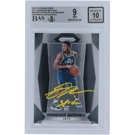 Donovan Mitchell Utah Jazz Autographed 2017-18 Panini Prizm Yellow Ink #117 Beckett Fanatics Witnessed Authenticated 9/10 Rookie Card with "Spida" Inscription - Fanatics Authentic Certified