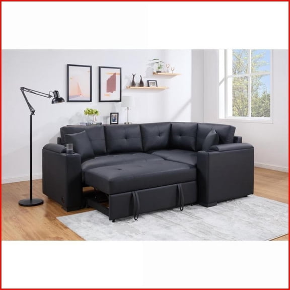 Donovan Modern 84.5”W Black PVC Sleeper Sectional with USB Charger, Cupholders & Storage Arms | Black | PVC | Square Arms