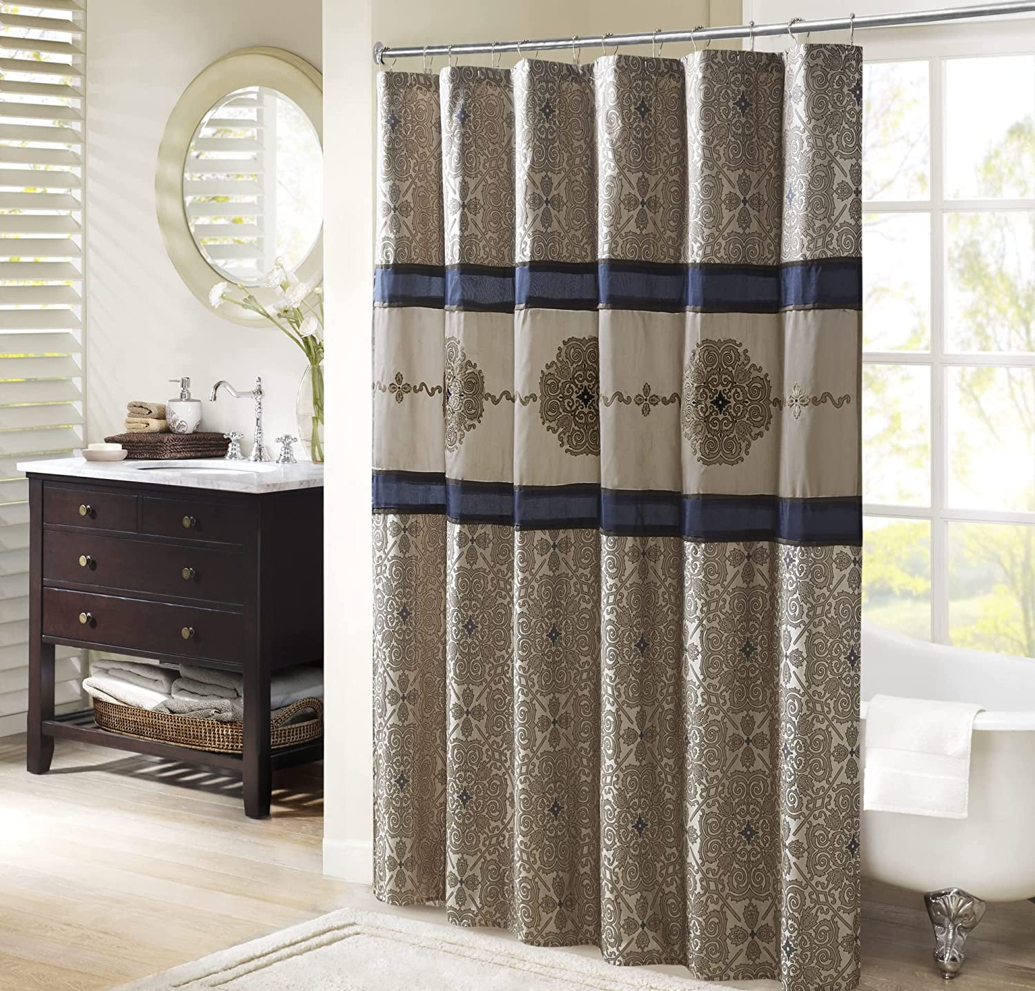 Donovan Navy and Beige Embroidered Fabric Shower Curtain