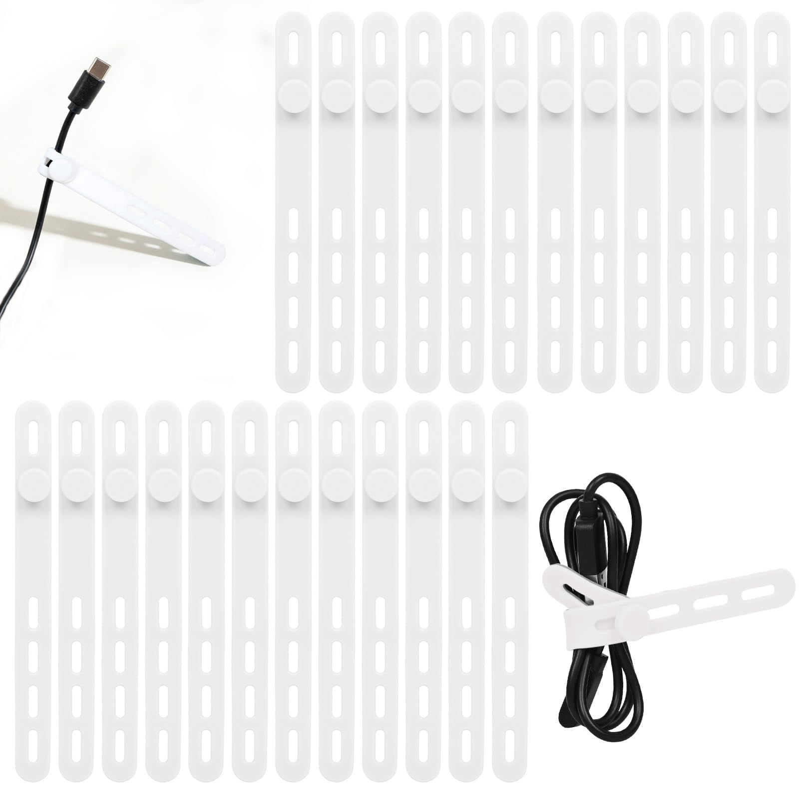 Donruby 24Pcs Silicone Cable Ties - Reusable & Washable with Locking Buckles, Adjustable Fastening Cable Management Straps, Multi-Purpose High Elasticity Cord Organizer (4 Colors)