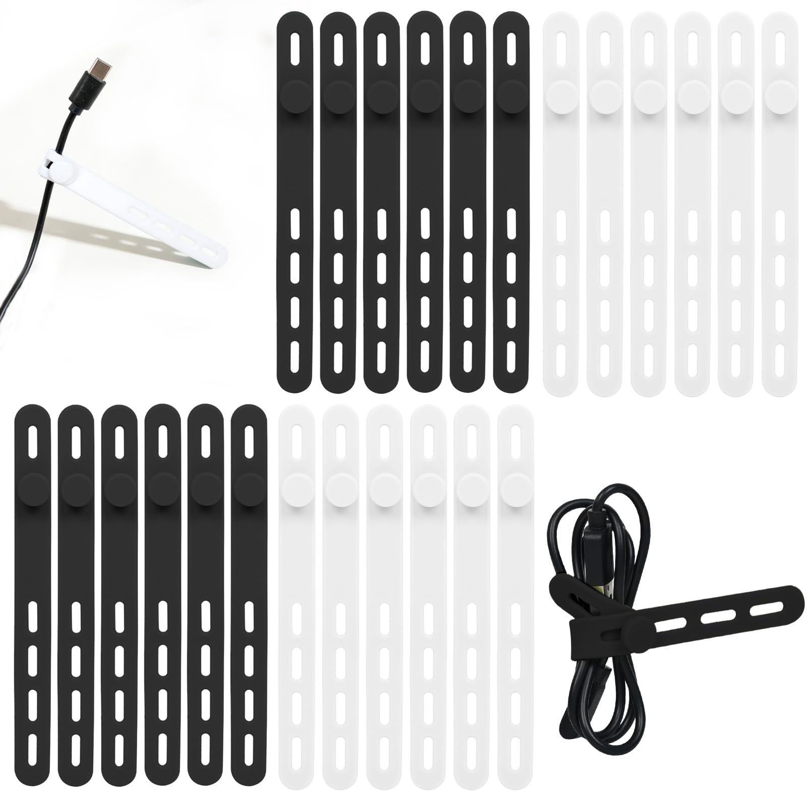Donruby 24Pcs Silicone Cable Ties - Reusable & Washable with Locking Buckles, Adjustable Fastening Cable Management Straps, Multi-Purpose High Elasticity Cord Organizer (4 Colors)