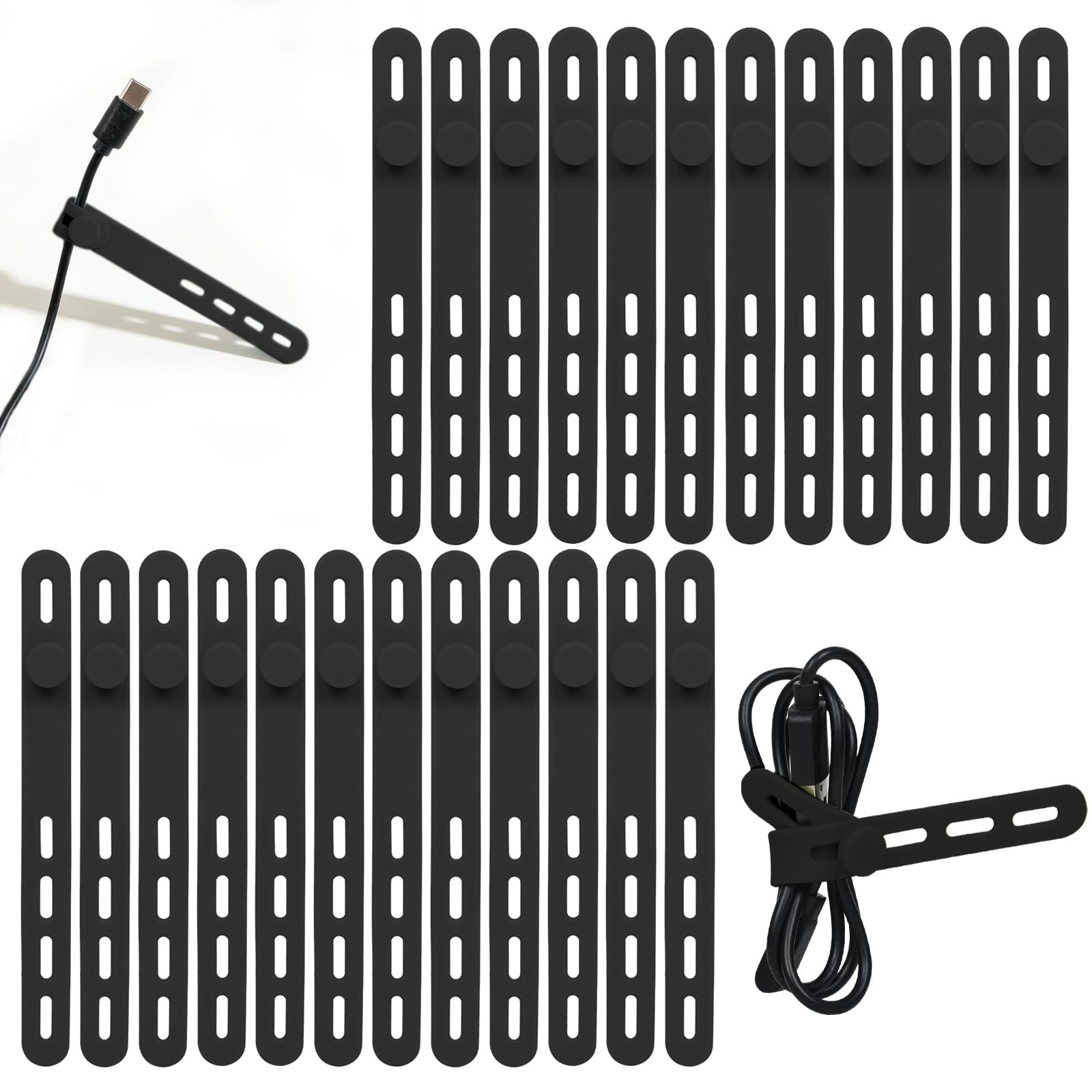 Donruby 24Pcs Silicone Cable Ties - Reusable & Washable with Locking Buckles, Adjustable Fastening Cable Management Straps, Multi-Purpose High Elasticity Cord Organizer (4 Colors)